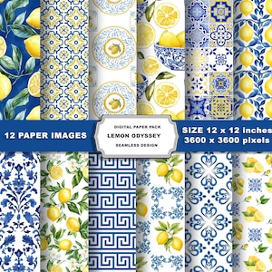 Papier numérique citron méditerranéen, motifs aquarelle de carreaux grecs, arrière-plan estival imprimable pour scrapbooking et travaux manuels