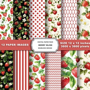 Puede incluir: Paquete de papel digital con 12 patrones sin costuras que presentan fresas rojas y blancas, lunares, rayas y diseños geométricos. El paquete es de 12 x 12 pulgadas y 3600 x 3600 píxeles.