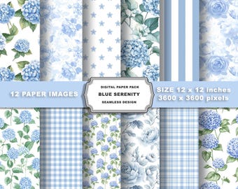 Watercolor Blue Floral Digital Paper, Seamless Flower Pattern, Romantic Background, Scrapbook Paper Pack, Printable Download, Wedding