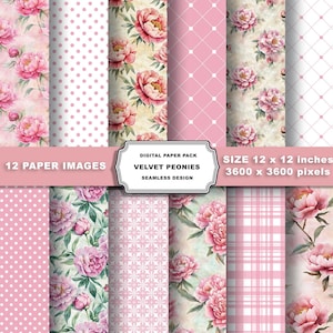 Pink  Peonies Watercolor Floral Digital Paper, Seamless Pattern Background, Blush Flower Printable for Scrapbooking & Wedding Invitations