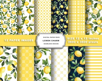 Watercolor Lemon Digital Paper, Yellow Citrus Pattern Pack, Summer Printable Backgrounds, Scrapbooking Paper, Citrus Background Scrapbooking