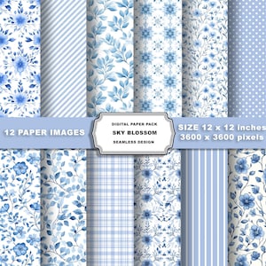 Watercolor Blue Floral Digital Paper, Seamless Shabby Chic Printable Paper Pack Flowers Fabric Scrapbook Paper Pattern Wedding Invitations