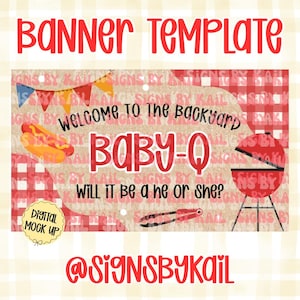 May include: A red and white gingham-patterned banner template with the text "BANNER TEMPLATE" in red. The banner says "Welcome to the Backyard BABY-Q Will it be a he or she?" with barbecue-themed illustrations.