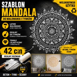 Può includere: Uno stencil mandala bianco per dipingere e intonacare, con un diametro di 42 cm. Lo stencil è resistente, elastico e riutilizzabile. L'immagine mostra lo stencil applicato su cemento, intonaco e pareti.