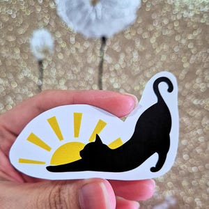 Cute cat sticker, black cat stickers, laptop sticker cat, cute cat sticker, laptop sticker, computer sticker, black cat stretching and sun