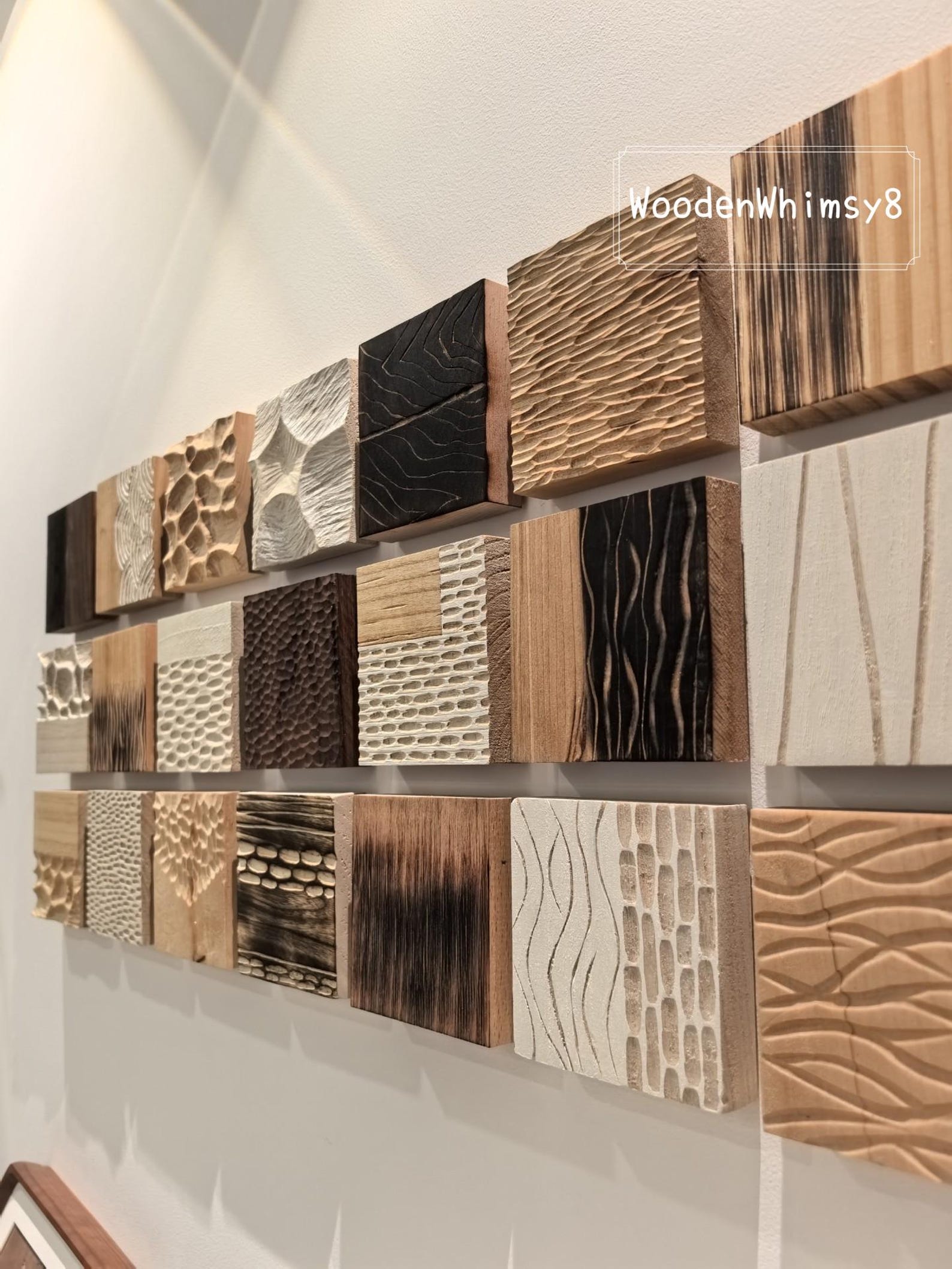 Curated visual reference: Visual Reference: Wood Wall Art Tiles Minimalist Natural Texture Hand Carved Solid