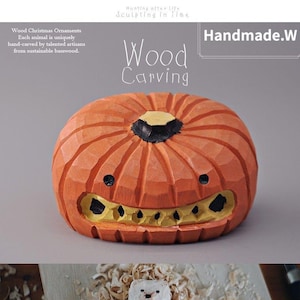 May include: A carved wooden pumpkin ornament with a smiling face. The pumpkin is orange with black and yellow details. The text "Wood Carving" is visible. Part of a collection of Wood Christmas Ornaments.