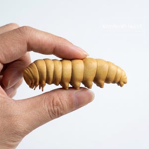 May include: A detailed wooden caterpillar sculpture, held in a hand. The caterpillar is light brown with segmented body and small legs. The sculpture is finely carved, showcasing the texture of the wood.