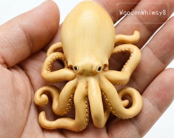 Boxwood Octopus Figurine: Hand-Carved with Curled Tentacles, Palm Size Marine Sculpture, Coastal Desk Gift