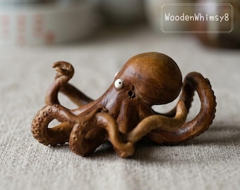 Adorno de pulpo para té: Soporte para tapa de gaiwan tallado a mano en madera, caprichoso y original.