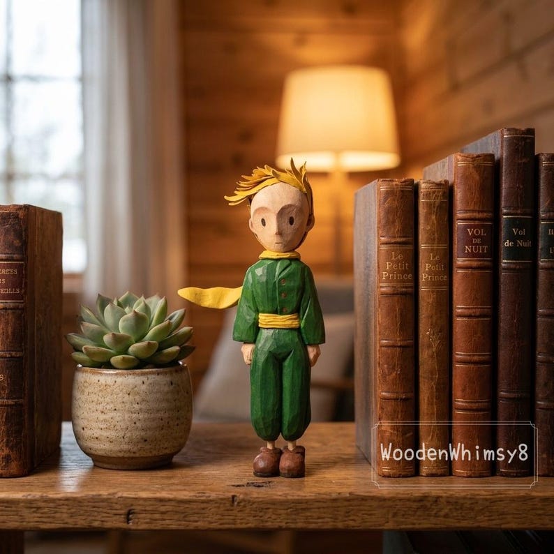 The Little Prince Figurine: Hand-Carved Wood with Eco-Friendly Paint, Storybook Character Desk Decor, Literary Gift image 4