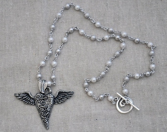 Love Gives Wings pewter pendant & sterling silver chain necklace