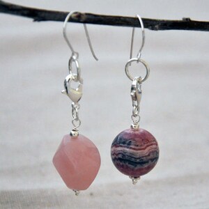 Rose quartz & rhodochrosite gemstone sterling silver &quot;dual purpose&quot; charm earrings