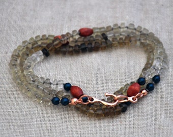 Quartz rondelle hand-knotted silk cord necklace with copper clasp