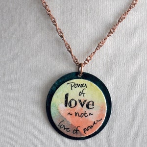 Power of Love patina brass pendant & copper chain necklace