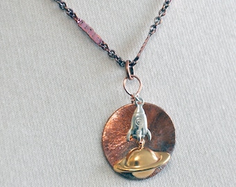 Seriously Sci-Fi metal pendants & patina copper chain necklace