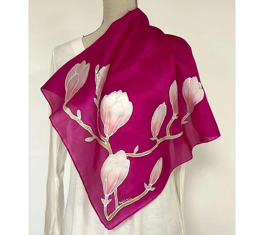 Hand-painted Silk Scarf – Magnolia Branch on Fuchsia – Square 55×55 cm, 100% Mulberry Silk, Elegant Gift for Her