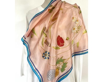 Foulard en soie peint à la main - Couronne de fleurs des prés d&#39;été - Base rose, 100 % soie de mûrier, 55 × 55 cm, cadeau pour elle