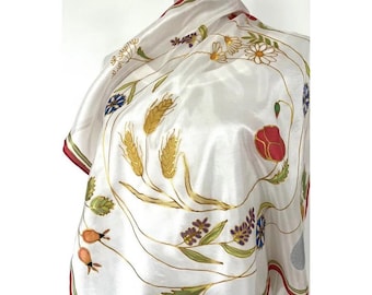 Foulard en soie peint à la main - Couronne de fleurs folklorique hongroise « Summer Meadow » - 100 % soie de mûrier, 55 × 55 cm, cadeau pour elle