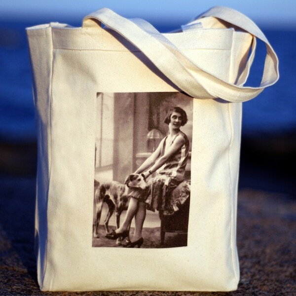 1920's The Flapper and the Greyhound Dog- Cotton Canvas Tote Bag