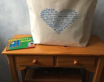 CLEARANCE ~ LOVE Languages Tote Bag - Blue Topaz on Natural ~ The Big Cozy Tote Bag - Canvas Bag - More info in "Item Details"
