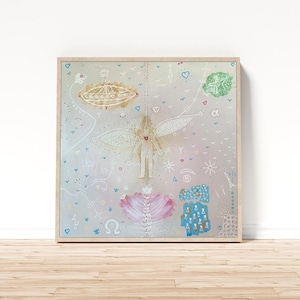 May include: Abstract art print in a light wood frame. The artwork features a central figure with wings, surrounded by whimsical elements like hearts, birds, and geometric shapes. Soft pastel colors dominate the composition, creating a dreamy aesthetic.
