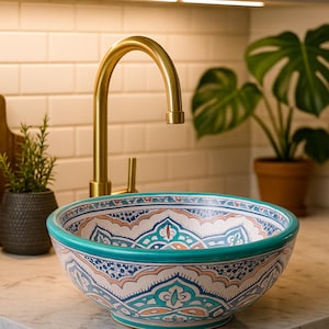 Ceramic bathroom Sink – Hand-Painted Lavabo with Brass Faucet | Artisan Bathroom-sink bathroom | Multiple Sizes 20–40cm