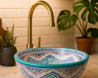 Hand-Painted Moroccan Ceramic Sink with Brass Faucet - 20-40cm