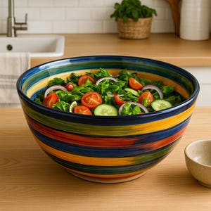 以下が含まれることがあります： 新鮮なサラダが入った、大きくカラフルなセラミックボウル。ボウルは青、黄、オレンジ、赤の色合いのストライプ模様です。サラダにはトマト、キュウリ、赤玉ねぎ、レタスが含まれています。