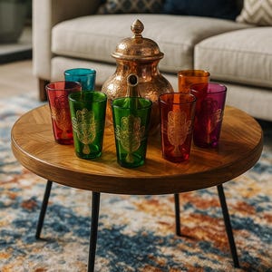 Puede incluir: Un conjunto de vasos de colores y una jarra decorativa de tono cobre sobre una mesa redonda de madera. Los vasos son rojos, verdes, naranjas y morados, cada uno con un diseño de mano dorada. La mesa tiene patas de metal negro.