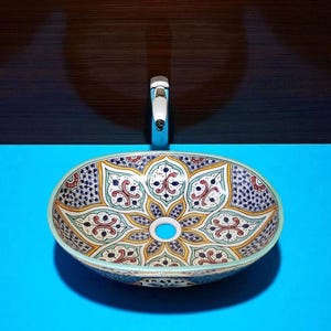 Lavabo de cerámica marroquí hecho a mano: Lavabo floral ovalado