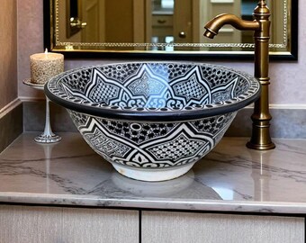 Handmade Moroccan Pottery Sink: Black Zellige Lavabo Vessel