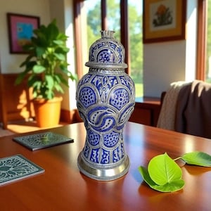 Handmade Moroccan Blue Ceramic Vase - Vintage Berber Decor