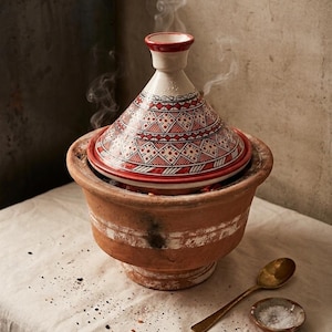 May include: A traditional Moroccan tagine pot with a conical lid, featuring a red and white geometric pattern. The earthenware pot is a warm terracotta colour, with a white band around the middle. A small brass spoon and dish of salt are next to the pot.