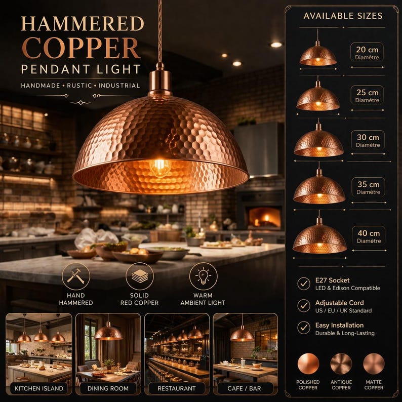 May include: Hammered copper pendant light with a rustic, industrial design. The light features a textured, dome-shaped shade and a warm ambient glow. Available in sizes from 20 cm to 40 cm in diameter. Handmade with solid red copper.