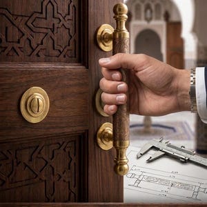 Op de afbeelding: Een cilindrische koperen deurklink met ingewikkelde gegraveerde patronen, gemonteerd op een donkerhouten deur met geometrisch houtsnijwerk. Een schuifmaat ligt op een technische tekening met de tekst BRASS HERITAGE HANDLE DESIGN.