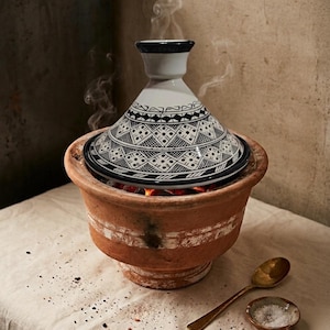 Puede incluir: Una olla de tagine tradicional de terracota con una tapa cónica estampada. La olla se asienta sobre una base con un pequeño fuego en su interior, con vapor ascendente. Una pequeña cuchara de latón y un plato de sal están junto a la olla.