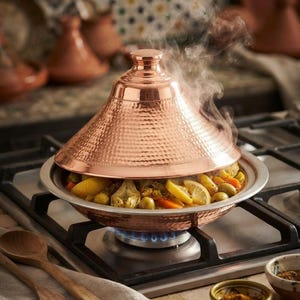 May include: A hammered copper tagine with a conical lid sits on a gas stove burner. The base contains a cooked meal of artichokes, olives, carrots, and lemon slices. Steam rises from the vessel, which features a metallic finish and a knob.
