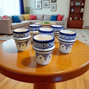Set of 6 Moroccan Berber Ceramic Cups – Handmade Pottery Tea & Coffee Mugs from Fes