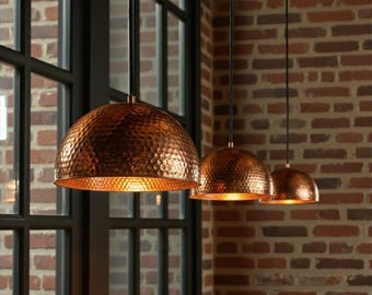 Hammered Copper Pendant Light | Handmade Copper Dome Lamp | Rustic Boho Kitchen Island Lighting
