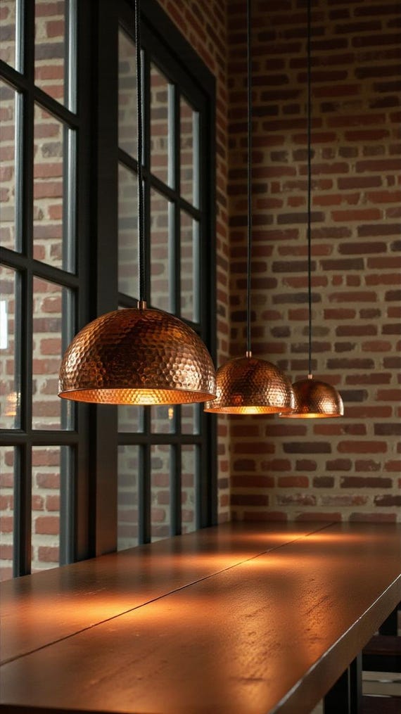 Hammered Copper Pendant Light | Handmade Copper Dome Lamp | Rustic Boho Kitchen Island Lighting