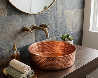 Handmade Hammered Copper Sink Vessel Bathroom Basin Rustic Luxury Vanity