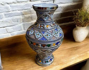 Handcrafted Moroccan Ceramic Vase: Silver & Copper Inlay, Vintage Ornamental Decor