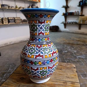 Hand-Painted Moroccan Ceramic Vase: Geometric Home Decor