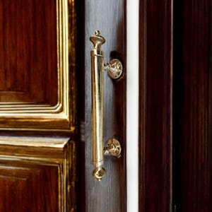 May include: A close-up of a gold-colored door handle with a vertical bar design. The handle is mounted on a dark brown wooden door. The door has a gold-colored trim.