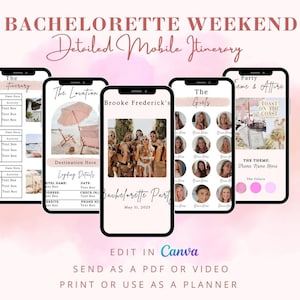 Bachelorette Itinerary Template For Mobile, Weekend Itinerary, Digital Invitation, Bachelorette Weekend, Canva Bachelorette Template