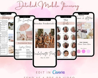 May include: A mobile phone screen displaying a bachelorette weekend itinerary with a pink and white colour scheme. The itinerary includes sections for the location, the girls, the party theme and attire, and a detailed schedule. The text on the screen reads "Bachelorette Weekend", "Detailed Mobile Itinerary", "The Location", "The Girls", "Party Theme & Attire", "Brooke Frederick's Bachelorette Party", "May 31, 2025", and "The Theme:  [Theme Name Here]".