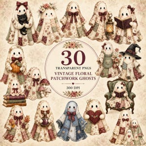 May include: A collection of 30 digital illustrations featuring ghosts dressed in vintage floral patchwork fabric. The ghosts are depicted in various poses, including holding a black cat, a pumpkin, books, a lantern, mushrooms, and a heart.