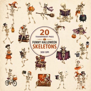 May include: A collection of 20 digital illustrations featuring skeletons in various Halloween-themed poses, including skeletons with pumpkins, books, brooms, musical instruments, and costumes, with text reading 20 TRANSPARENT PNGS FUNNY HALLOWEEN SKELETONS 300 DPI.