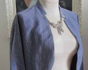 Azul Lurex Chrome Spun Vintage 1950's Bolero Jacket Tamaño más grande